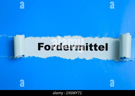 Concept of Learning language - German. Fordermittel it means funding written on torn paper. Stock Photo