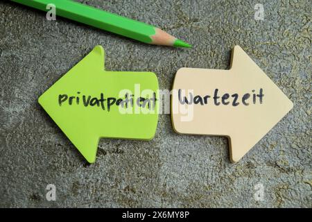Concept of Learning language - German. Privatpatient - Wartezeit it means Private patient and waiting time written on sticky notes. German language is Stock Photo