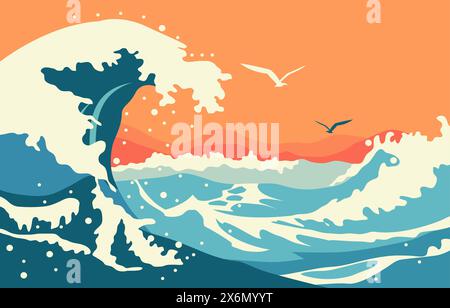 Nature Landscape Background with Big Sea Ocean Water Waves in Summer Stock Vector