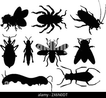 Collection of different insect silhouettes in black Stock Vector