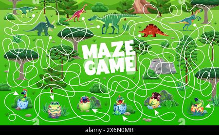 Kids labyrinth maze game, help to dinosaurs find them kids. Cartoon vector colorful children workout with various dino and their offspring eggs in a lush prehistoric jungle landscape with tangled path Stock Vector