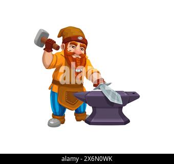 Cartoon gnome dwarf blacksmith character. Isolated vector cheerful fantasy personage with red beard, wearing a leather apron, pointed hat and wielding a hammer, shaping a sword on an anvil in workshop Stock Vector