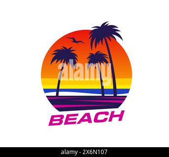 Summer tropical sunrise at island beach vector icon with palm trees, ocean waves, red sky and rising sky. Summer tropical vacation or travel symbol, island resort beach with palms and bird silhouettes Stock Vector