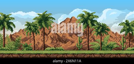8 bit pixel forest landscape with mountains, palm trees and cactus, vector background for game level. 8bit pixel art landscape of Amazon forest with ferns and palms of Africa mountains or Madagascar Stock Vector