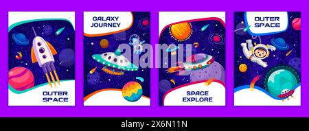 Space posters with kid astronaut, alien and space rocket in galaxy planets landscape. Cartoon vector vertical cards with interstellar exploration, imaginative playful cosmic adventure and trip Stock Vector