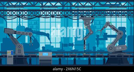 Automatic factory computer conveyor line with robots, machinery industry. Vector futuristic industrial scene with robotic arms in automated urban plant, perform manufacturing tasks, production working Stock Vector
