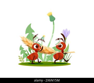 Cartoon ants carry wheat ear for food in meadow grass, vector funny insect characters. Happy ants carrying wheat spikelet to anthill nest walking among field flowers, child cartoon illustration Stock Vector