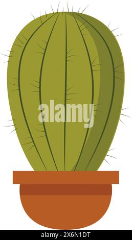Round cactus in pot isolated illustration. Succulent for interior of office, apartment and premises. Houseplant with thorns hand drawn. Stock Vector