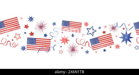 Americans and stars. Celebration ribbons, fireworks. Seamless horizontal border of national patriotic symbols. American Independence Day, Columbus Day Stock Photo