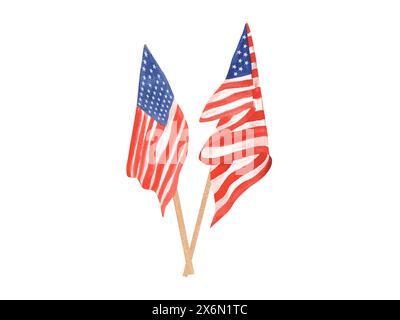 Two USA American flags crossed together. National symbols. Waving flag on flagpole. Stock Photo