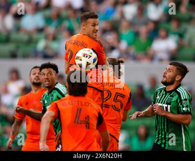 Austin, Texas, USA. 15th May, 2024. Houston Dynamo defender Erik Sviatchenko (28) looks back after missing on a header from a corner kick during a Major League Soccer match at Austin FC on May 15, 2024 in Austin. (Credit Image: © Scott Coleman/ZUMA Press Wire) EDITORIAL USAGE ONLY! Not for Commercial USAGE! Stock Photo
