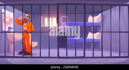 Prisoner in jail cell. Criminal man character arrest in room with lock door. Behind steel cage interior with window, bed, mirror and toilet. Single inmate in jailhouse building for punishment concept Stock Vector