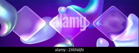Purple background with glass morphism rhombus and abstract shape elements. Vector realistic illustration of presentation banner or poster backdrop with color lines, iridescent blobs, geometric figures Stock Vector