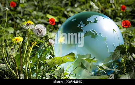 glass globe in the grass in a meadow, surrounded by various blooming flowers - 3D Illustration Stock Photo
