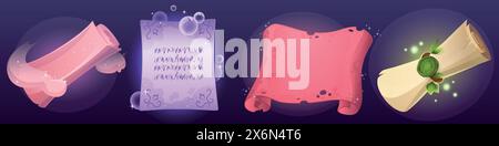 Magic parchment scrolls set isolated on background. Vector cartoon illustration of rolled old paper sheets with text and blank surface glowing in clouds of shimmering smoke and bubbles, vintage letter Stock Vector