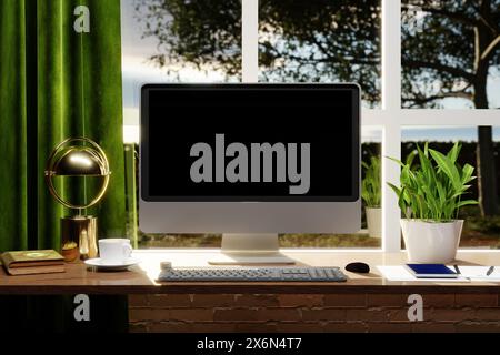work place concept : mock up blank screen computer desktop with keyboard with a view out of the window into a garden - 3D Illustration Stock Photo
