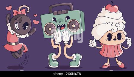 Retro cartoon characters collection of musical boombox, bomb and cupcake. Vector illustration vintage groovy mascot. Abstract funny personage of music stereo system, sweet dessert and cannonball. Stock Vector