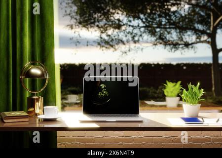 work place concept : mock up blank screen laptop with a view out of the window into a garden - 3D Illustration Stock Photo