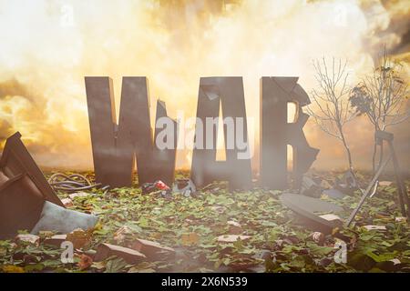 the partially destroyed word war in a destroyed environment before a massive conflagration as a result of an explosion - 3D Illustration Stock Photo