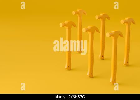 Set of hammers with a rubberized handle on monochrome background. 3d render and illustration of tool for repair and building Stock Photo