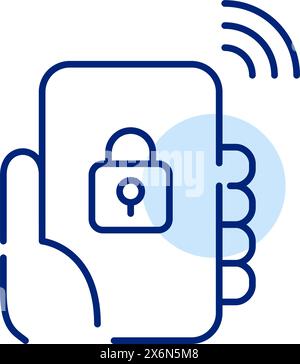 Hand holding phone with lock and wifi symbol. Protected data transfer through vpn and other means. Pixel perfect, editable stroke vector icon Stock Vector