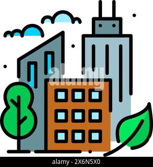 Sustainable city. Skyline, trees, green leaf. Modern ecology friendly urban design. Pixel perfect, editable stroke vector icon Stock Vector