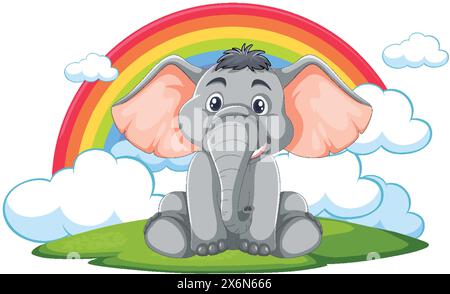 Cartoon elephant sitting under a vibrant rainbow Stock Vector