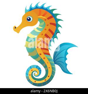 A cartoon drawing of a seahorse with a blue tail. Stock Vector