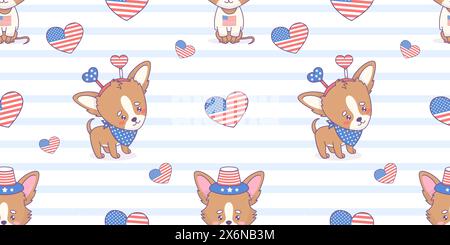 Seamless pattern with patriotic cartoon dog chihuahua in symbolic accessories and clothing in colors American flag on striped background. Vector horiz Stock Vector