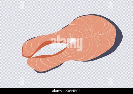 Piece of red fish. Red fish steak in flat style. Salmon fillet isolated on transparent. Fresh organic seafood for restaurant, sushi bar menu, poster. Stock Vector