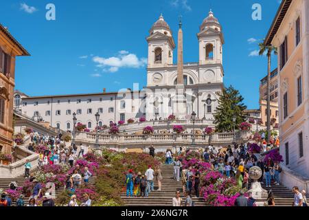 Сrowd of tourists on Spanish Steps at foot of Trinita dei Monti Church in Rome. Italy Stock Photo