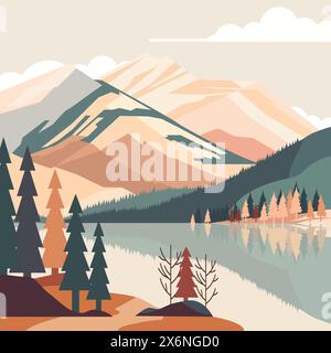 Beautiful Nature Landscape of Lake Mountain with Pine Tree in Forest Stock Vector