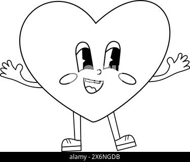 Groovy retro style heart character for coloring Stock Vector