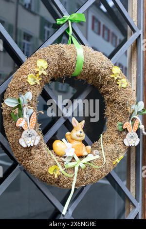 Easter wreath on front door in Switzerland Stock Photo