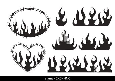 Set Wire Barb heart, oval frame y2k tattoo border, flame silhouette gothic spiky punk print neo tribal isolated on white background. Barbwire emo boundary heart shape. Vector illustration Stock Vector
