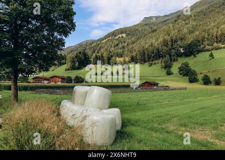 Haystacks in the village of Fulpmes, Austria Stock Photo