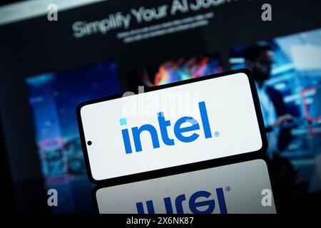 Intel corporation logo on displayedd on screen Stock Photo