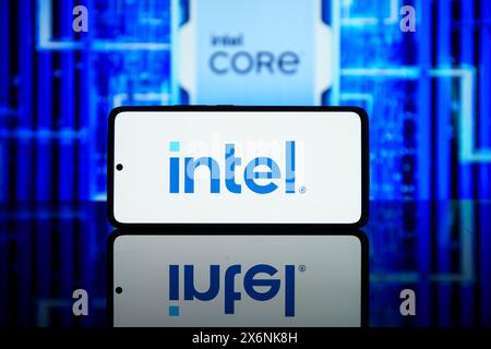 Intel corporation logo on displayedd on screen Stock Photo