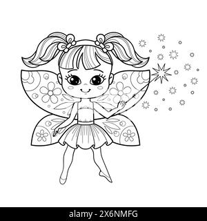 Cute cartoon fairy girl with butterfly wings and a magic wand. Black and white linear drawing. Isolated on a white background. For children's design o Stock Vector