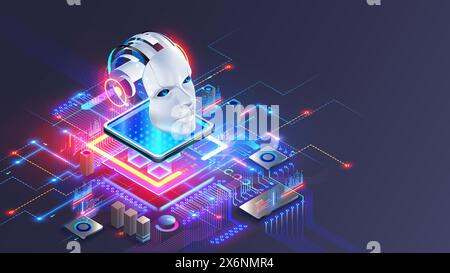 AI integrated in computer Processor. AI robot head or face over electronic chip or CPU on motherboard. Artificial intelligence technology in electroni Stock Vector