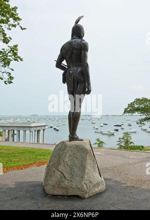 Statue of Massasoit (Great Sachem) overlooking Plymouth harbour. A leader of the Wampanoag native Americans. Located on Cole's Hill, Plymouth, MA, USA Stock Photo