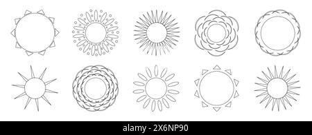 Sun with different variations of rays, set. Summertime. Cute summer coloring pages for kids. Vector contour drawing. Stock Vector