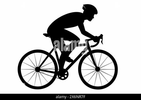 Black silhouette of cyclist isolated on white background. Man on bicycle. Graphic art. Concept of fitness, cycling, sport, active lifestyle. Icon, tem Stock Vector