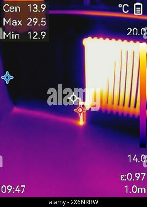 Thermal image of a radiator and hot water pipe, central heating system in a UK home Stock Photo