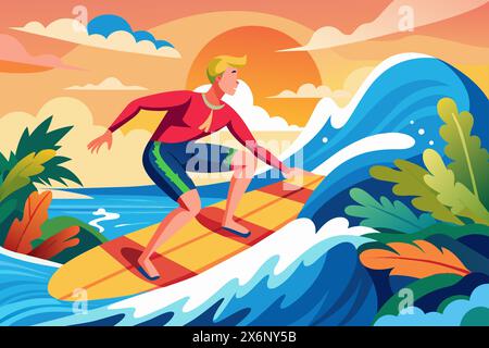 Man surfing on a vibrant waves. Surfer on a colorful surfboard riding a wave. Concept of water sports, action, vacation. Graphic illustration. Print, Stock Vector