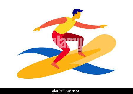 Man surfing on a vibrant waves. Surfer on a colorful surfboard riding a wave. Concept of water sports, action, vacation. Graphic illustration. Print, Stock Vector