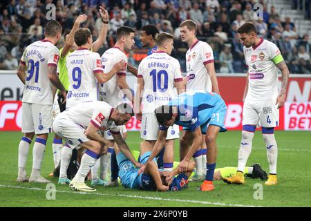 Saint Petersburg, Russia. 15th May, 2024. Nuraly Alip (28), Aleksander Erokhin (21) of Zenit and Ivan Oblyakov (10), Fedor Chalov (9), Willyan Rocha (4) of CSKA seen in action during the Russian Cup 2023/2024 football match between Zenit Saint Petersburg and CSKA Moscow at Gazprom Arena. Final score; Zenit 0:0 CSKA (5:4, penalty shootout), Zenit has reached the superfinal of the Russian Football Cup. Credit: SOPA Images Limited/Alamy Live News Stock Photo