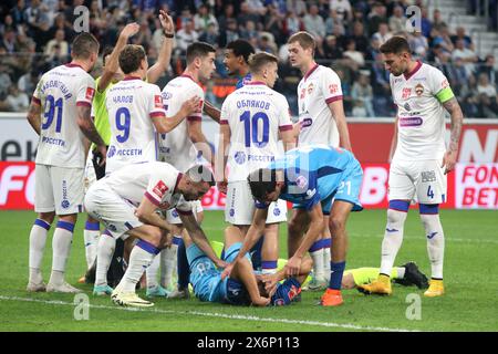 Saint Petersburg, Russia. 15th May, 2024. Nuraly Alip (28), Aleksander Erokhin (21) of Zenit and Ivan Oblyakov (10), Fedor Chalov (9), Willyan Rocha (4) of CSKA seen in action during the Russian Cup 2023/2024 football match between Zenit Saint Petersburg and CSKA Moscow at Gazprom Arena. Final score; Zenit 0:0 CSKA (5:4, penalty shootout), Zenit has reached the superfinal of the Russian Football Cup. (Photo by Maksim Konstantinov/SOPA Images/Sipa USA) Credit: Sipa USA/Alamy Live News Stock Photo