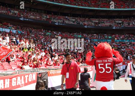 Fred the Red mascot Adobe FA Women's Cup final, Manchester United Women v Tottenham Hotspur Women Wembley Stadium London UK 12 May 2024 Stock Photo