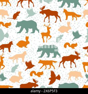 Vector seamless pattern Silhouettes hare, bear, birds, deer, fox hog, mouse, moose, wolf, squirrel Wildlife backdrop. Watching wild animals. Illustrat Stock Vector